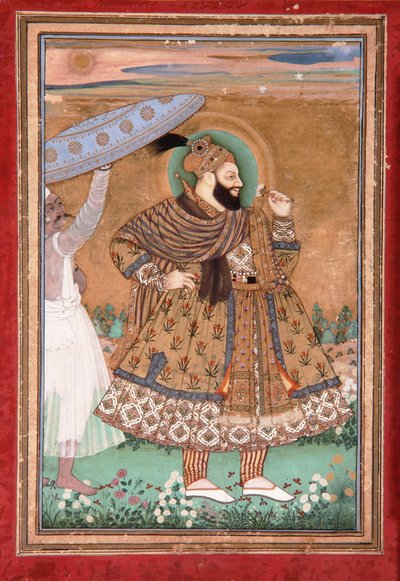 Golcondan sulttaani Abul Hasanin muotokuva, seisova, n. 1675 (läpinäkymätön wc ja kultaa paperilla) tekijältä Indian School