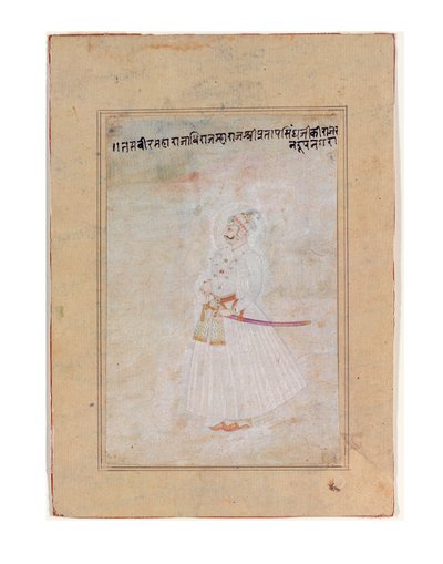 Rajput-viivaimen muotokuva, seisova, n. 1770 (läpinäkymätön wc ja kultaa paperilla) tekijältä Indian School