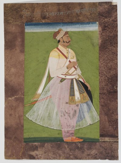 Muotokuva Rathor-päällikkö Bhagwan Dasista, Mertia-klaanista Rianista, Jodhpurista, 1820 (asennettu guassi intialaiselle paperille ruskean paperin komposiittireunuksella) tekijältä Indian School