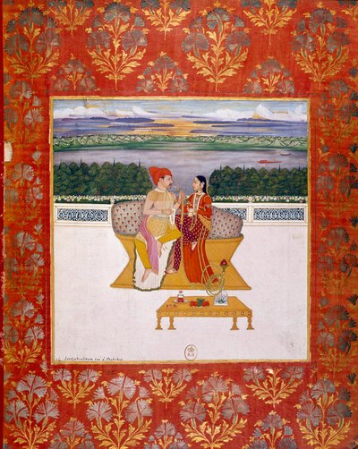 Prinssi Sudjakoulikan naisen kanssa. Intialainen miniatyyri Lucknowin koulusta. 1760 Paris, B.N. tekijältä Indian School