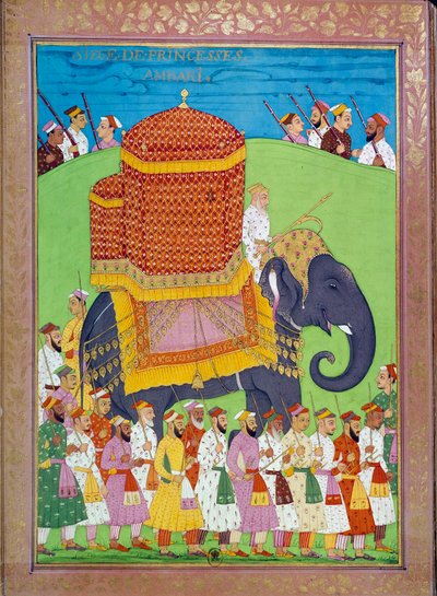 Prinsessa Palanquin norsulla Shah Alemin hovissa intialaisia ja persialaisia miniatyyrejä Niccolo Manuccin (1638-1717) "Intian historiasta Tamertantesta Orangreybiin" -kirjassa. B.N., Pariisi. tekijältä Indian School