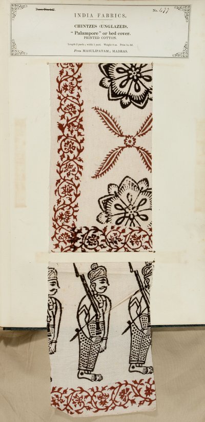 Painettu puuvillapalampore tai sängynpeitenäyte Masulipatamista Madrasista, The Collection of the Textile Manufacturers of India, John Forbes Watson, julkaistiin vuonna 1866 tekijältä Indian School