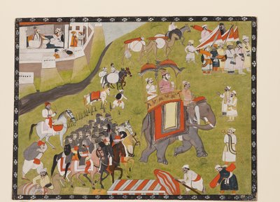 Rajan kulkue norsun selässä aseellisen saattajan ja pidikkeiden kanssa, 1800-luvun toinen puoli (guassi paperilla) tekijältä Indian School