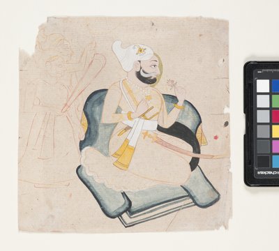 Polvistuvan prinssin profiili kahdella hoitajalla (sivellin mustetta ja akvarellia paperille) tekijältä Indian School