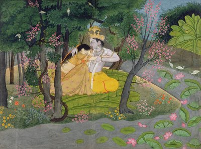 Radha ja Krishna halaavat kukkivien puiden lehdossa, n. 1780 (wc paperilla) tekijältä Indian School