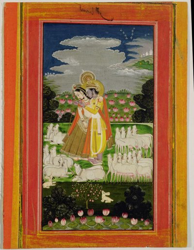 Radha ja Krishna halaavat idealisoidussa maisemassa lehmien kanssa, n. 1780 (läpinäkymätön wc paperilla) tekijältä Indian School