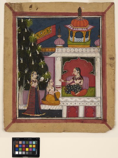 ? Raga: Polvistuva mies tarjoaa kirjan paviljongissa olevalle naiselle, n. 1800 (läpinäkymätön akvarelli paperille) tekijältä Indian School