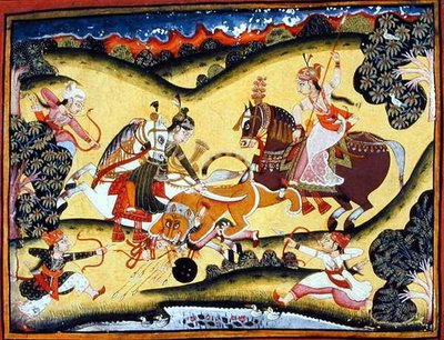 Rajput Princess Killing a Lion, Bundi School, n. 1810-20 (guassi paperilla) tekijältä Indian School