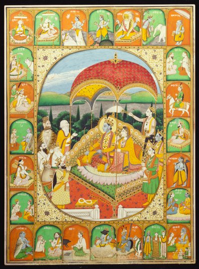 Rama ja Sita Enthroned, Shivan, Hanumanin ja muiden palvomia, 1800-20 tekijältä Indian School