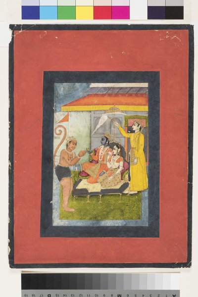 Rama ja Sita valtaistuimella, Hanumanin jumaloimia; Lakshmanalla on morkali, n. 1780 (läpinäkymätön wc ja kultaa paperilla) tekijältä Indian School