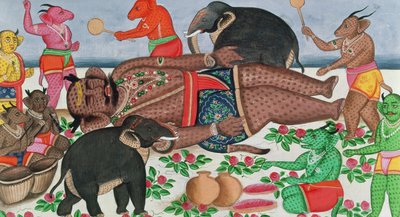 Ramayana-kohtaus: ryhmä demoneja, jotka herättävät prinssinsä lepotilassa (guassi & wc paperilla) tekijältä Indian School