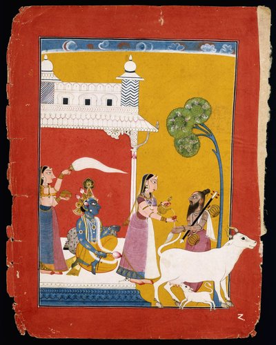 Rukmini tarjoaa vettä viisaalle Naradalle puolisonsa Krishnan istuessa talossaan, n. 1725-1730 tekijältä Indian School