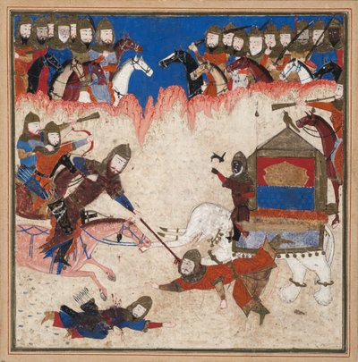 Rustam lassoi Kiinan khaqania ja vetää sen elefantistaan, n. 1450 (läpinäkymätön wc ja kultaa paperilla) tekijältä Indian School