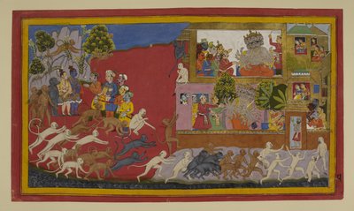 Rāvaṇa huijaa Sītāa tekopäällä; apinat tiedustelevat Laṅkāa. tekijältä Indian School