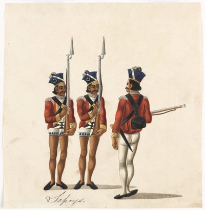 Sepoys ja intialainen upseeri, Bengalin armeija, n. 1815 (akvarelli paperille) tekijältä Indian School