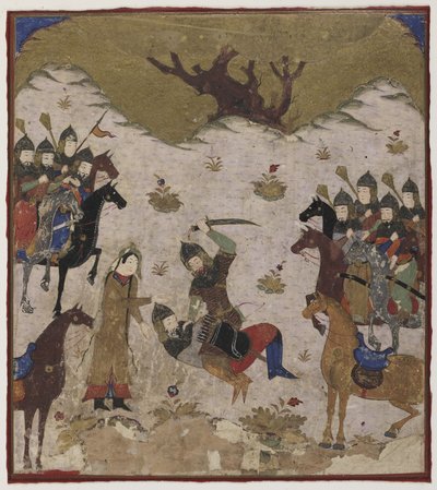 Shahru tunnistaa Burzun Rustamin pojanpojaksi viimeisessä taistelussa Rustamin ja Burzun välillä, n. 1425-1450 (läpinäkymätön akvarelli ja kulta paperilla tekijältä Indian School