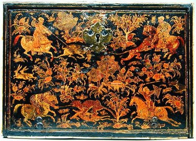 Kirjoituskaapin sivu, joka kuvaa aatelisia metsästämässä, 1600-luku (lakattu puu) tekijältä Indian School