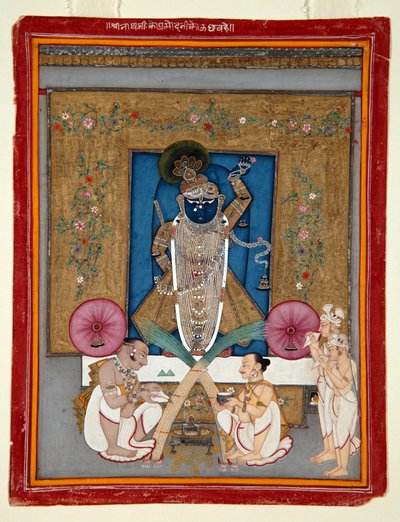 The Adoration of Krishna as Shrinath ji, 1800-25 (läpinäkymätön wc ja kultaa paperilla) tekijältä Indian School