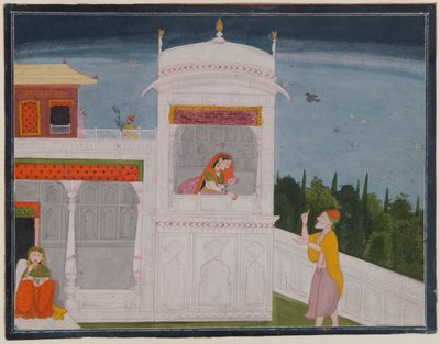 Brahmin Sudama ja Rukmini palatsissa, sivu Bhagavata Purana -sarjan Sudama-jaksosta, noin 1800 tai myöhemmin (wc paperilla) tekijältä Indian School