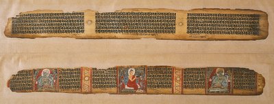 Buddha jakaa hunajaa Prajnaparamita-käsikirjoituksesta, Länsi-Bengal (läpinäkymätön akvarelli ja muste palmunlehdellä) tekijältä Indian School
