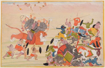 Devi voittaa Mahishasuran, folion hajallaan Devi Mahatmya -sarjasta, n. 1770-80 (wc paperilla) tekijältä Indian School