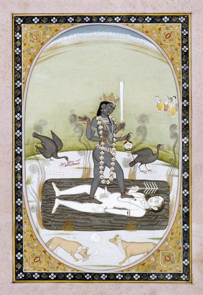 Jumalatar Kali edustettuna Kangra-maalauksessa, Himachal Pradesh, n. 1820-1825 (läpinäkymätön akvarelli ja kultainen maali paperille) tekijältä Indian School