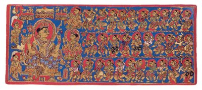 Indran taivaallinen tuomioistuin, "Devasanaparo Bhandar" Kalpasutra, n. 1475 (läpinäkymätön akvarelli ja kulta paperilla) tekijältä Indian School