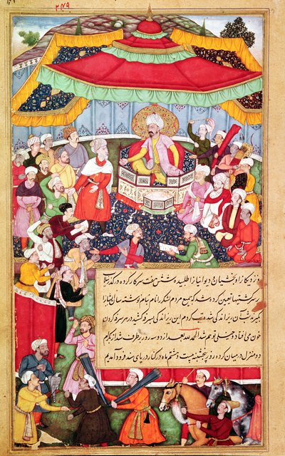 Kuningas valtaistuimellaan hovimiestensä ympäröimänä, Baburnamasta (Baburin muistelmat) 1530 tekijältä Indian School
