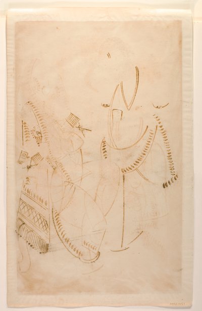 Tarakeshwarin Mahant emäntänsä, Elokeshin kanssa, joka tarjoaa hänelle pannua, Kalighat Album, n. 1880 (wc paperilla) tekijältä Indian School
