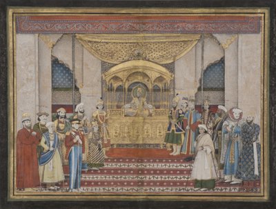 Mughal-keisari Bahadur Shah II Darbarissa, 1839 (läpinäkymätön wc ja kultaa paperilla) tekijältä Indian School