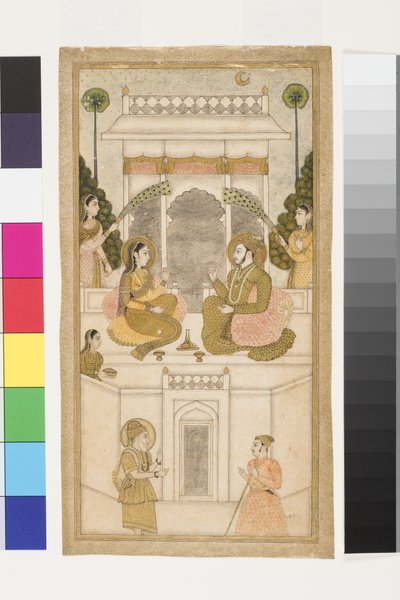 Golcondan sulttaani, Quli Qutb Shah, istuu puolisonsa kanssa, 1700-25 (läpinäkymätön wc ja kultaa paperilla) tekijältä Indian School