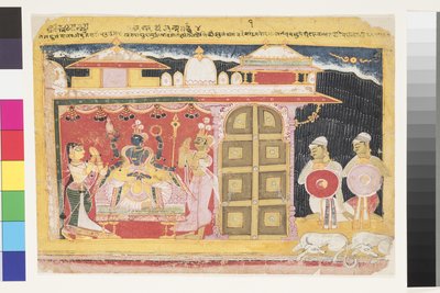 Vishnun palvonta Krishnan syntymän yhteydessä, ennen vuotta 1560 (läpinäkymätön wc paperilla) tekijältä Indian School