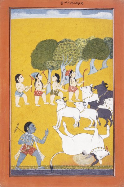 Nuori Krishna tappaa demoni Vatsasuran, joka tuli vasikan varjossa, n. 1730-1740 tekijältä Indian School