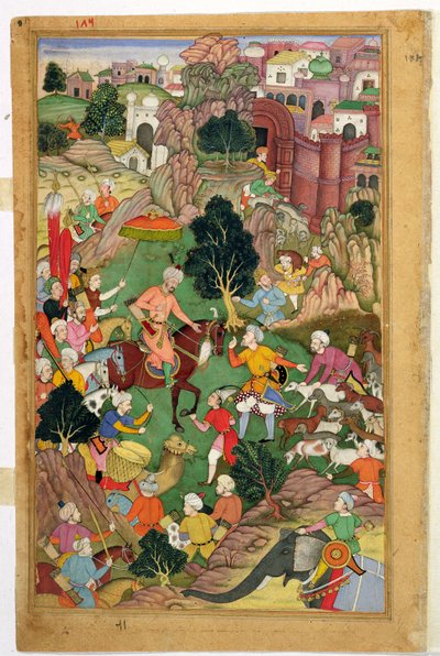 Hazaran lampaiden pyydystäminen "Baburnamasta" ("Baburin muistelmat"), Mughal tekijältä Indian School