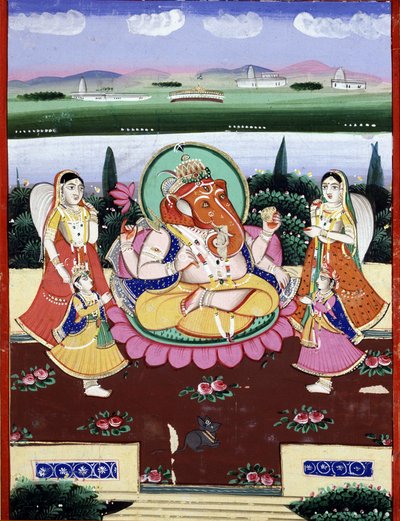 Jumaluus Ganesha (Ganesh tai Ganapati), Shivan ja Parvatin tytär. Intialainen suosittu printti 1800-luvulta. tekijältä Indian School