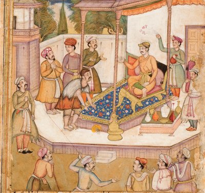 Raja, jonka vieras pyysi häneltä 500 dinaaria päivittäin, n. 1585 (läpinäkymätön wc ja kulta paperilla) tekijältä Indian School