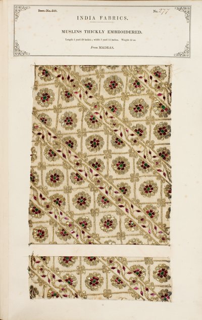 Paksu kirjailtu musliininäyte Madrasista, kokoelmasta The Collection of the Textile Manufacturers of India, John Forbes Watson, julkaistiin vuonna 1866 tekijältä Indian School