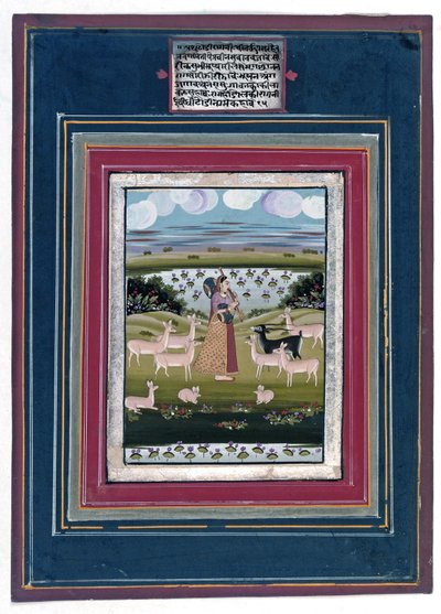 Todi ragini - Nainen soittamassa vinaa eläinten maisemassa, 1810-20 tekijältä Indian School