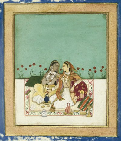 Kaksi naista terassilla, 1700 jälkeen (läpinäkymätön wc ja kultaa paperilla) tekijältä Indian School