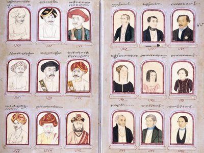 Kaksi lehteä alkuperäisten ja eurooppalaisten muotokuvien albumista, n. 1830-1850 tekijältä Indian School