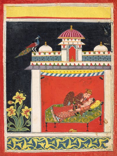 Kaksi rakastajaa paviljongissa, "Amarushatakasta" (Sata Amarun runoa) tai tunnistamattomasta eroottisesta sarjasta, n. 1680 (läpinäkymätön akvarelli ja kulta paperilla) tekijältä Indian School