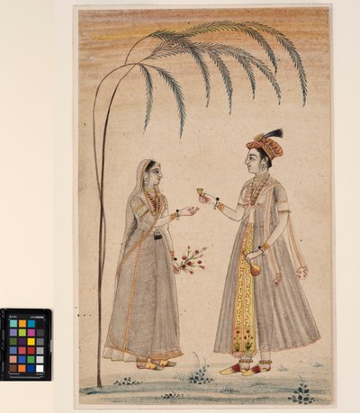 Kaksi naista puun alla, n. 1750 (läpinäkymätön akvarelli ja kulta paperilla) tekijältä Indian School