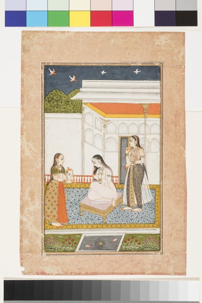 Vilaval Ragini of Hindol, n. 1745 (läpinäkymätön akvarelli ja kulta paperille, kiinnitetty albumin sivulle) tekijältä Indian School
