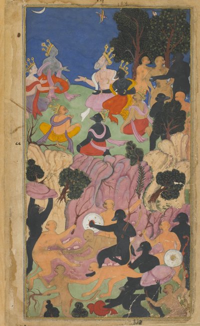 Vol.2 fol.194 Rama neuvottelee Vanara-päälliköiden kanssa Suvela-vuorella (läpinäkymätön vesiväri, mustetta ja kultaa paperilla) tekijältä Indian School