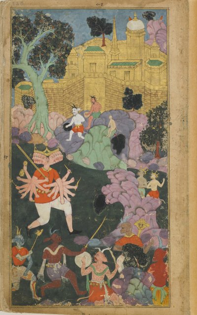 Vol.2 fol.238 Ravana ja hänen joukkonsa asettuvat kaupungin eteen (läpinäkymätön akvarelli, tussi ja kulta paperilla) tekijältä Indian School