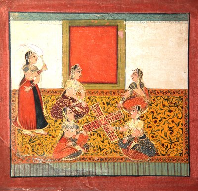 Naiset leikkivät Parcheesia, istuvat keltakuvioisella lattiapäällysteellä, n. 1725 (läpinäkymätön wc ja kultaa paperilla) tekijältä Indian School