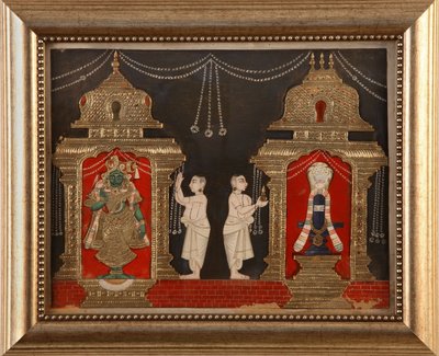 Visnhun ja Shivan palvominen Shivalingamin muodossa, Tanjavoren koulu, 1800-luvun loppu (wc ja kulta paperilla) tekijältä Indian School