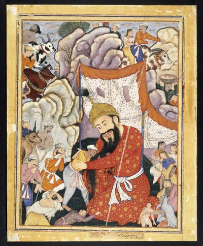 Zumurrud Shah turvautuu vuoristoon, n. 1570 (läpinäkymätön akvarelli ja kulta puuvillakankaalla) tekijältä Indian School