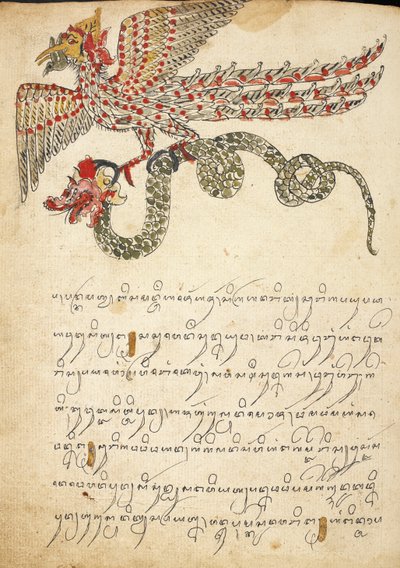 Käärmettä kantava lentävä olento, kuvitus teoksista "Serat Damar Wulan" tai "The Romance of Damar Wulan" (kynä ja muste akvarellilla paperille) tekijältä Indonesian School