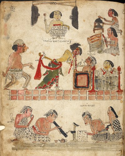 Ihmiset soittavat musiikkia, tanssivat ja tupakoivat, kuvitus teoksista "Serat Damar Wulan" tai "The Romance of Damar Wulan" (kynä ja muste akvarellilla paperille) tekijältä Indonesian School